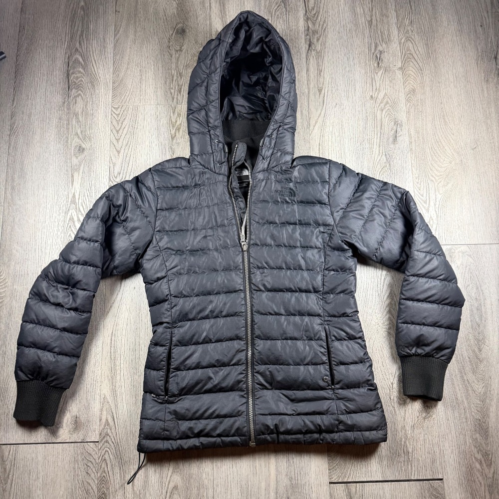 The North Face Womens Black Down Puffer Goose Down Jacket Hooded Full Zip Small